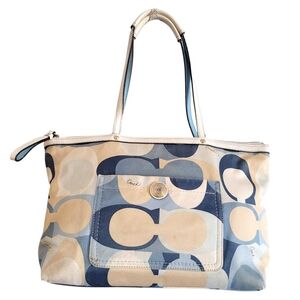 Coach Scarf Print Multi-blue Fabric C Logo Tote Shoulder Bag Purse Leather Trim